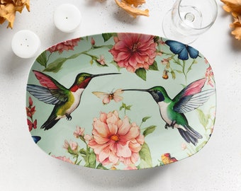 hummingbird floral serving platter, pastel green tropical platter, hummingbird plate, decorative appetizer tray, hummingbird dishes, coastal