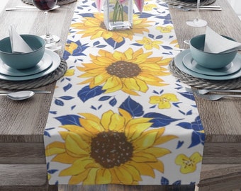 Floral Sunflowers Table Runner | blue & yellow floral table runner | floral sunflowers table linens | fall table decor | fall floral linens