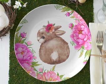 Easter bunny dinner plate, pink floral spring bunny plate, Easter dining set, Easter dinnerware, Easter dishes, Easter tableware, 10 inch