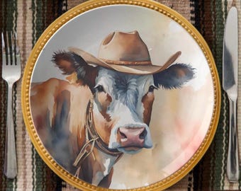 Farmhouse cow dinner plate, farm cow dinner plate set, decorative dishes, western dinnerware, cowboy western style, 10 inch plate set