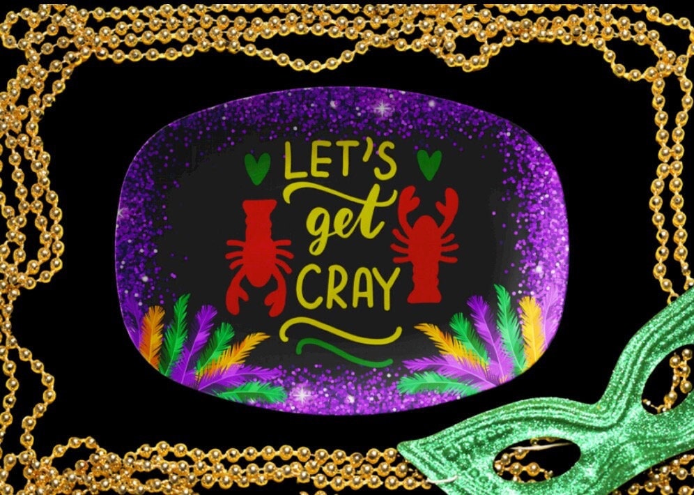 Plato para fiesta de Mardi Gras "Vamos a enloquecer", plato para servir en Mardi Gras, plato de cangrejos de río de LSU, plato de cangrejos de río cajún, decoración de Mardi Gras