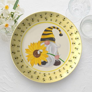 Bee gnome dinner plate | honeybees plate set | bumblebee nome plate | yellow bee dishes | dinnerware | bee gnome plate | bee gifts