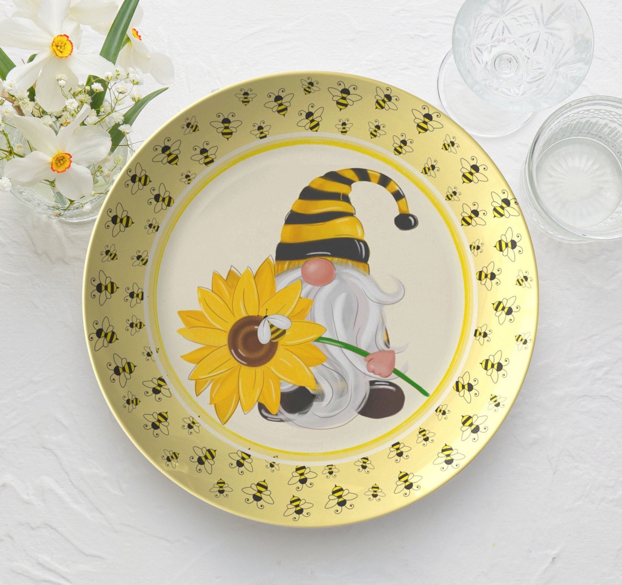 Bee Gnome Dinner Plate Honeybees Plate Set Bumblebee Nome Plate Yellow Bee  Dishes Dinnerware Bee Gnome Plate Bee Gifts 