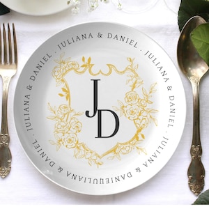 Assiette emblème de mariage personnalisée, assiette plate monogrammée, assiette anniversaire personnalisée, vaisselle de mariage, vaisselle personnalisée