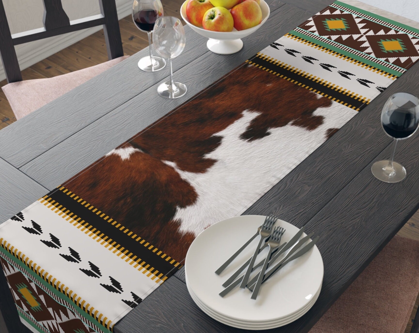 Cowhide Print Table Runner | western faux cow print table runner | southwestern tabletop decor | farmhouse tableware | western table linens