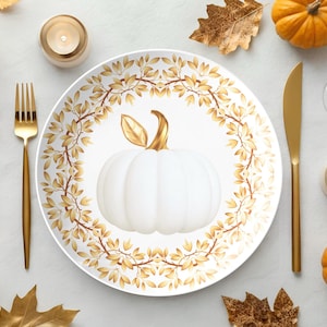 Pumpkin dinner plate set, thanksgiving plates, fall dinnerware, white gold pumpkin plate, fall dishes, Halloween dishes, fall tableware