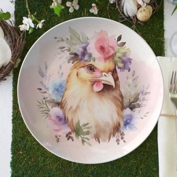 floral spring chicken dinner plate, farmhouse dinner plates,  country dinnerware, farm animals plate, chicken lover dishes, tableware, 10 in