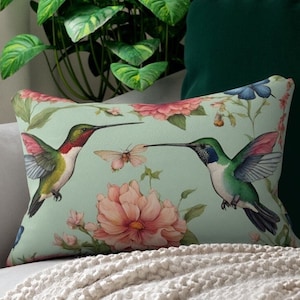 Hummingbird Lumbar Throw Pillow, floral accent pillow, tropical decorative pillow, coastal home decor, hummingbird outdoor pillow & cover