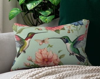 Hummingbird Lumbar Throw Pillow, floral accent pillow, tropical decorative pillow, coastal home decor, hummingbird outdoor pillow & cover