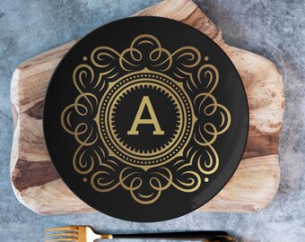 Personalized dinner plate | black & gold monogrammed plate set | decorative dishes | modern dinnerware | wedding gifts | 10 inch plate