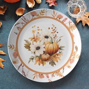 Fall pumpkins floral dinner plate, Thanksgiving plate set, fall dinnerware, white pumpkins plate, fall tableware, harvest dishes, 10 inch