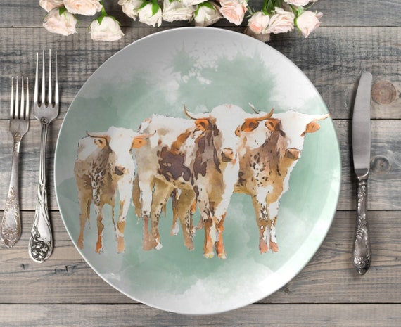 Longhorn farmhouse dinner plate | western cattle plate | farm cows plate | country farm plates | farmhouse dinnerware | decoware plate