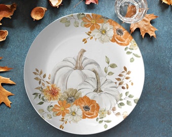 Fall Pumpkins dinner plate | white floral pumpkins plate | thanksgiving plates | dinnerware set |  decorative plates | 10” plate | decoware