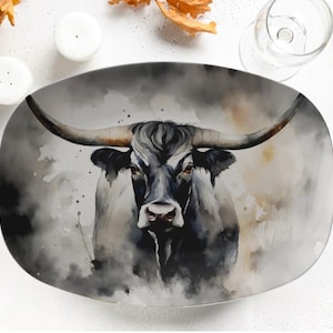 Serveerschaal western longhorn stier, landelijke boerderij koe bord, boerderij serviesgoed, schaal in ranchstijl, dienblad met koeienprint, cadeau cowgirl