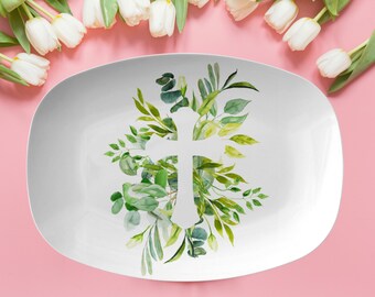 Christian Cross floral serving platter | Easter serving dish | decorative spring platters | green floral cross serving plate