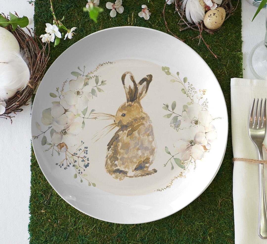 Spring Floral Bunny Rabbit Plate, Easter Dinner Plates Set, Easter
