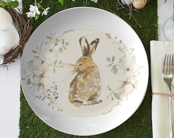 Spring floral bunny rabbit plate, Easter dinner plates set, Easter dinnerware, Easter dishes, Easter tableware, Easter dining decor