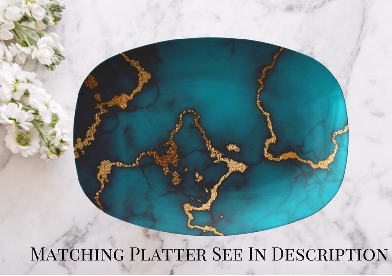 Marble print dinner plate set turquoise & gold marble print plates decorative dinner plates marble dishes marble dinnerware set image 5