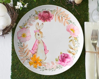 Easter bunny dinner plate, pink floral bunny rabbit plate, spring dinnerware, Easter dishes, Easter dining set, Easter tableware