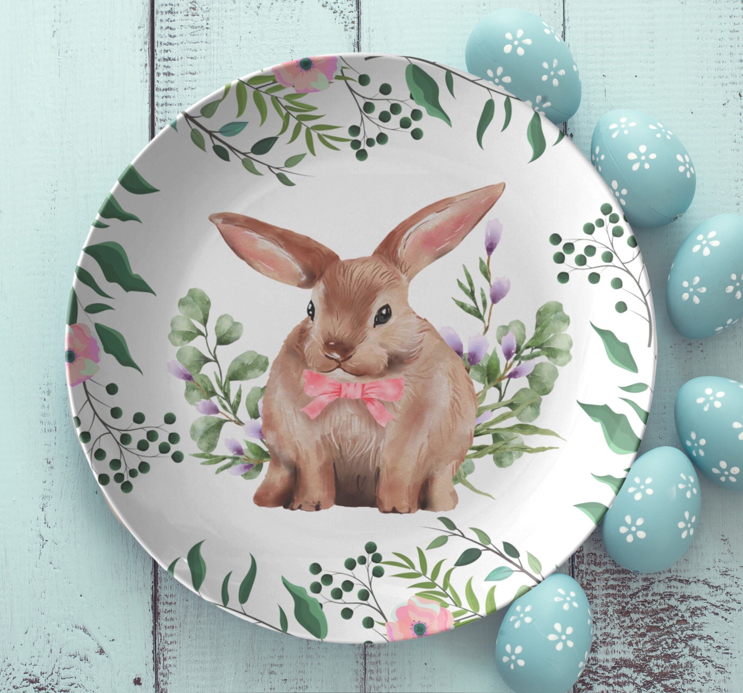 Spring Rabbit Dish Bunny Rabbit Dinner Plate, Easter Bunny Plate Set, Floral Spring Bunny ...
