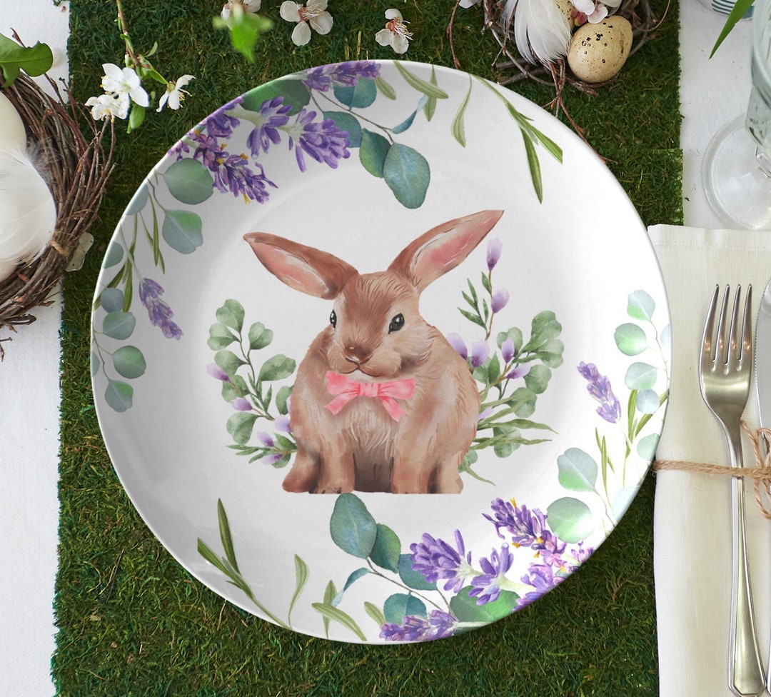 Spring Rabbit Dish Easter Bunny Dinner Plate, Spring Bunny Rabbit Plate, Floral Easter ...