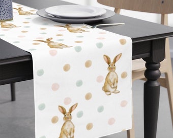 Easter bunny table runner, pastel polka dot bunnies table runner, Easter table linens, spring bunnies table runner, Easter tableware decor