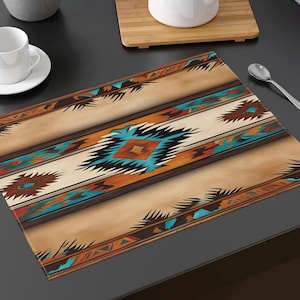 May include: A beige placemat with a geometric pattern in shades of brown, blue, and orange. The pattern features a diamond shape in the center with a turquoise and black design.