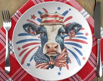 USA Patriotic Farm Cow dinner plate, Fourth of July plate, cow with American flag plate, 4th of July dinnerware, farmhouse dishes, western