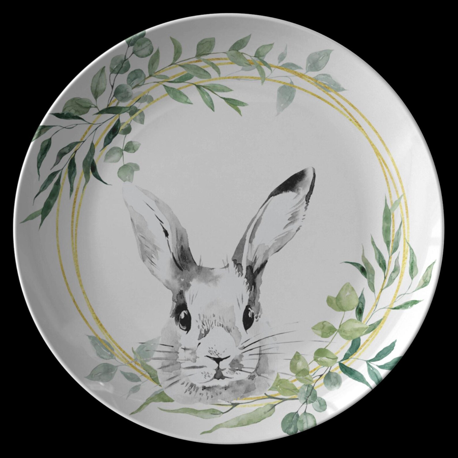 Easter Bunny Dinner Plate, Spring Bunny Rabbit Plate, Gold Green Floral ...