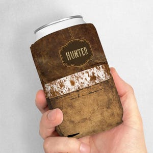 Cowhide Can Cooler Sleeve, Personalized Leather PRINTED Drink Holder, Western Cowboy Style Custom Name Insulated Beverage Cover, Rustic Beer