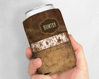 Cowhide PRINT Can Cooler Sleeve, Personalized Leather PRINTED Drink Holder, Western Cowboy Style Custom Name Insulated Beverage Cover, Beer