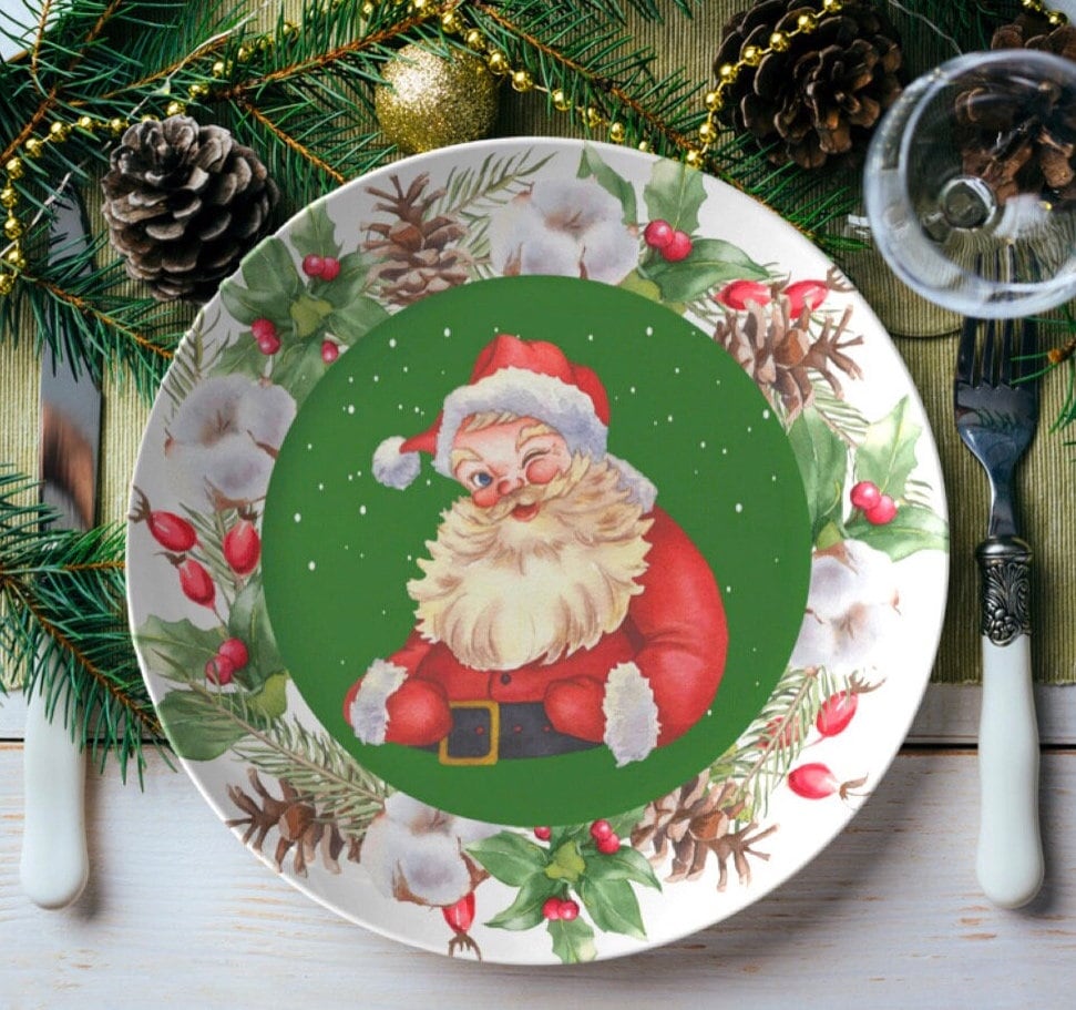 Christmas Santa Plate , Christmas Dinner Plate Set , Christmas Dishes ,  Holiday Dinnerware , Tableware , Vintage Santa Claus Plate , Dining 