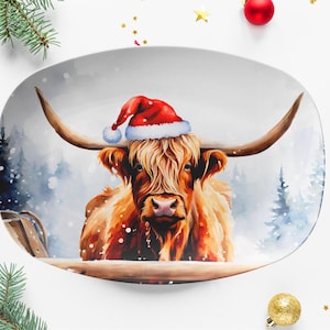 Christmas cow serving platter, highland cow Santa platter, farmhouse Christmas dinnerware, holidays dishes, farm cow Christmas plate