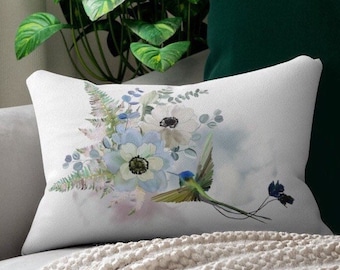 Hummingbird lumbar throw pillow | decorative spring floral pillow | blue floral hummingbird pillow | floral throw pillow