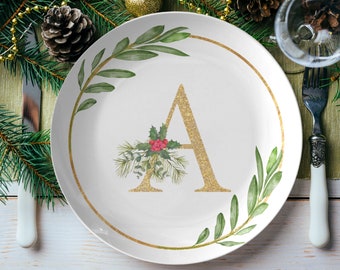 Personalized Christmas plate set | gold & green monogrammed Christmas plate | Christmas dinner plate | Christmas dinnerware | Holiday decor