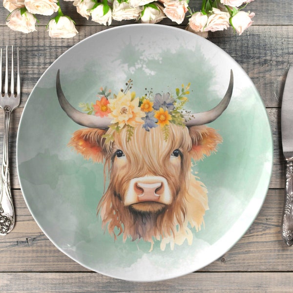 Farm cow plate | highland bull dinner plate | farmhouse dinnerware | country farm cow dishes | cow lover collectible | floral cow plate set