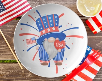 Fourth of July plate, fourth of July gnomes dinner plate, red white &  blue American flag plate set, 4th of july dinnerware , 4th tableware