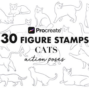 May include: A set of 30 black and white line art illustrations of cats in various action poses. The illustrations are labelled "30 Figure Stamps Cats action poses" and include the Procreate logo.