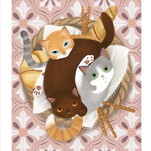 Utskrivbar väggkonst med italienska katter | Illustration av katter och bröd | Rosa vintagekakelkonst | Digital nedladdning