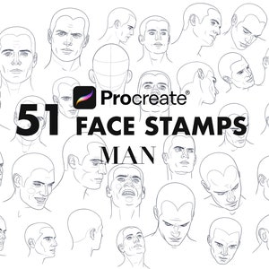 Könnte beinhalten: Ein Set mit 51 Schwarzweiß-Linienkunst-Gesichtsstempeln für Procreate, die verschiedene männliche Gesichtsausdrücke und Winkel zeigen. Der Text "51 FACE STAMPS MAN" wird in der Mitte des Bildes angezeigt.