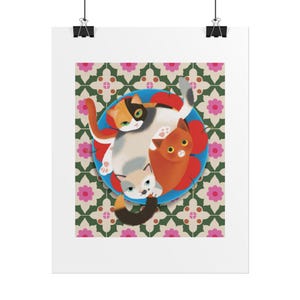 Italian Cats POSTER | Cats & Cherries Illustration | Multicolour Vintage Tile Art