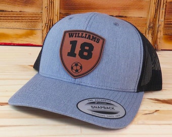 Personalized Player Name And Number Soccer Leather Patch Hat  | Personalized Soccer Hat | Soccer Gift