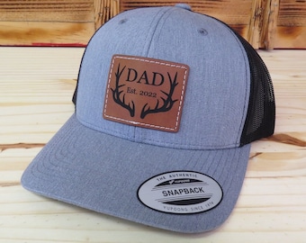 Dad Established Date Leather Patch Hat With Sewn Edge | Retro Trucker Snapback | Gift For Dad | New Dad | Fathers Day Gift