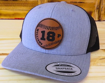 Personalized Player Name And Number Baseball Leather Patch Hat  | Personalized Baseball Hat | Optional Position Abbreviation