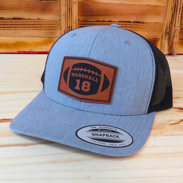 Football Personalized Player Number Leather Patch Hat  | Personalized Football Hat | Trucker Style Snapback Closure
