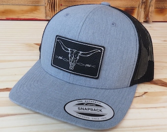 Cow Skull And Barbed Wire Leather Patch Hat, Ranch Hat, Trendy Country Style, Adult Size Mesh Back Snapback