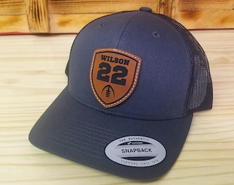 Football Personalized Player Number Leather Patch Hat  | Personalized Football Hat | Trucker Style Snapback Closure
