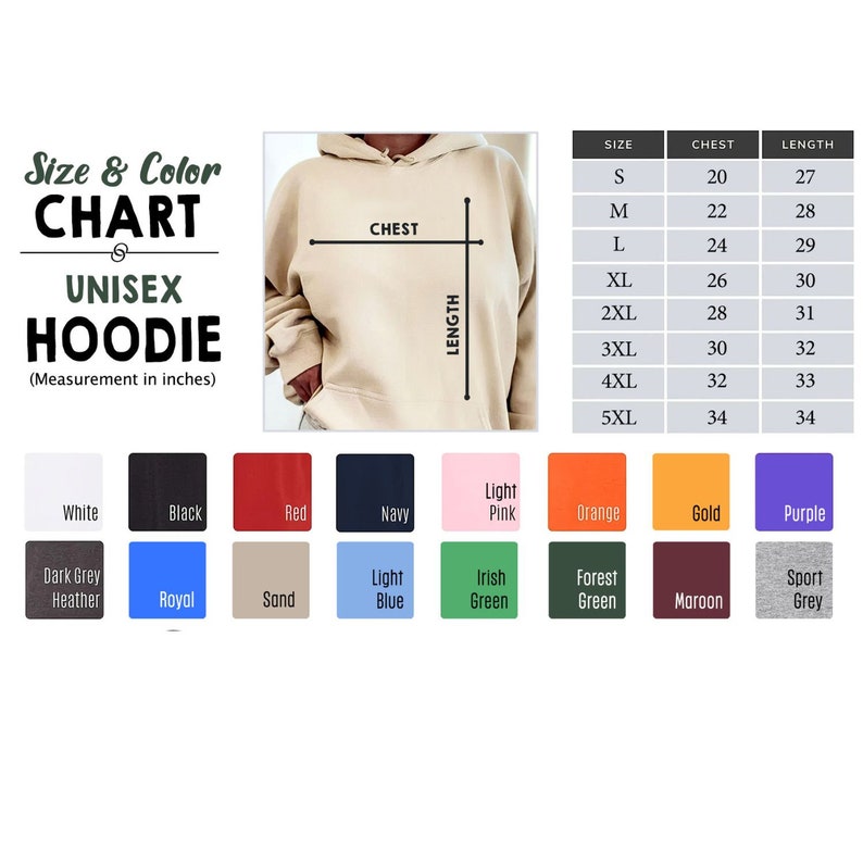 Op de afbeelding: Unisex hoodie maattabel met metingen in inches. De tabel toont borst- en lengtemaat voor maten S tot en met 5XL. De tabel wordt weergegeven naast een beige hoodie met een capuchon.