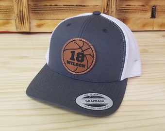 Basketball Personalized Player Number Leather Patch Hat  | Personalized Basketball Hat | Trucker Style Snapback Closure