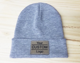 Custom Beanie, Personalized Beanies, Leather Patch Beanie With Sewn Edge, Personalized Gift,  Company Logo, Adult Unisex